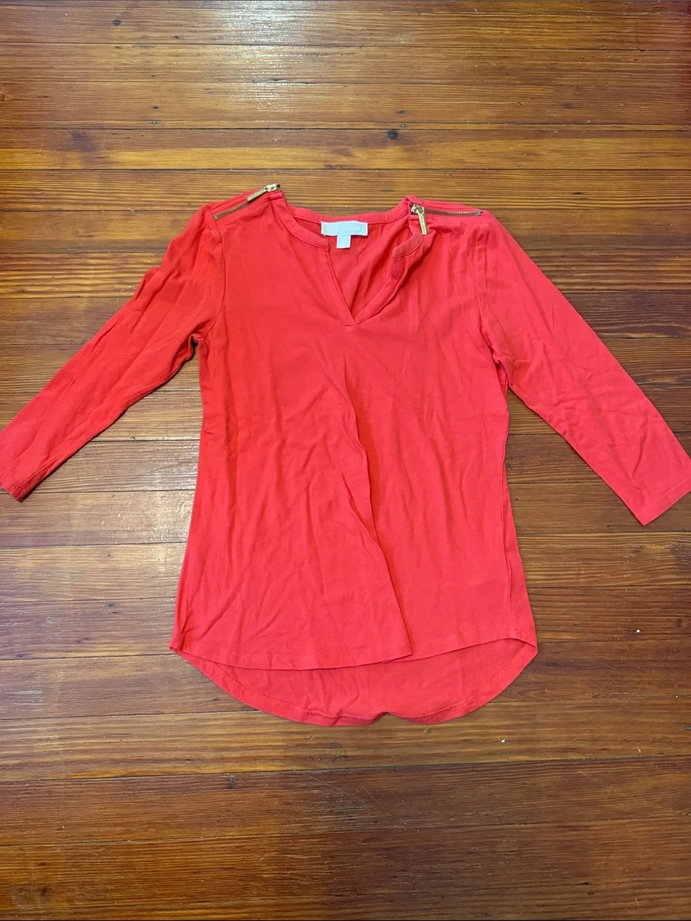 Michael Kors Coral-Red V-Neck Long Sleeve Top with Shoulder Zips Size Small